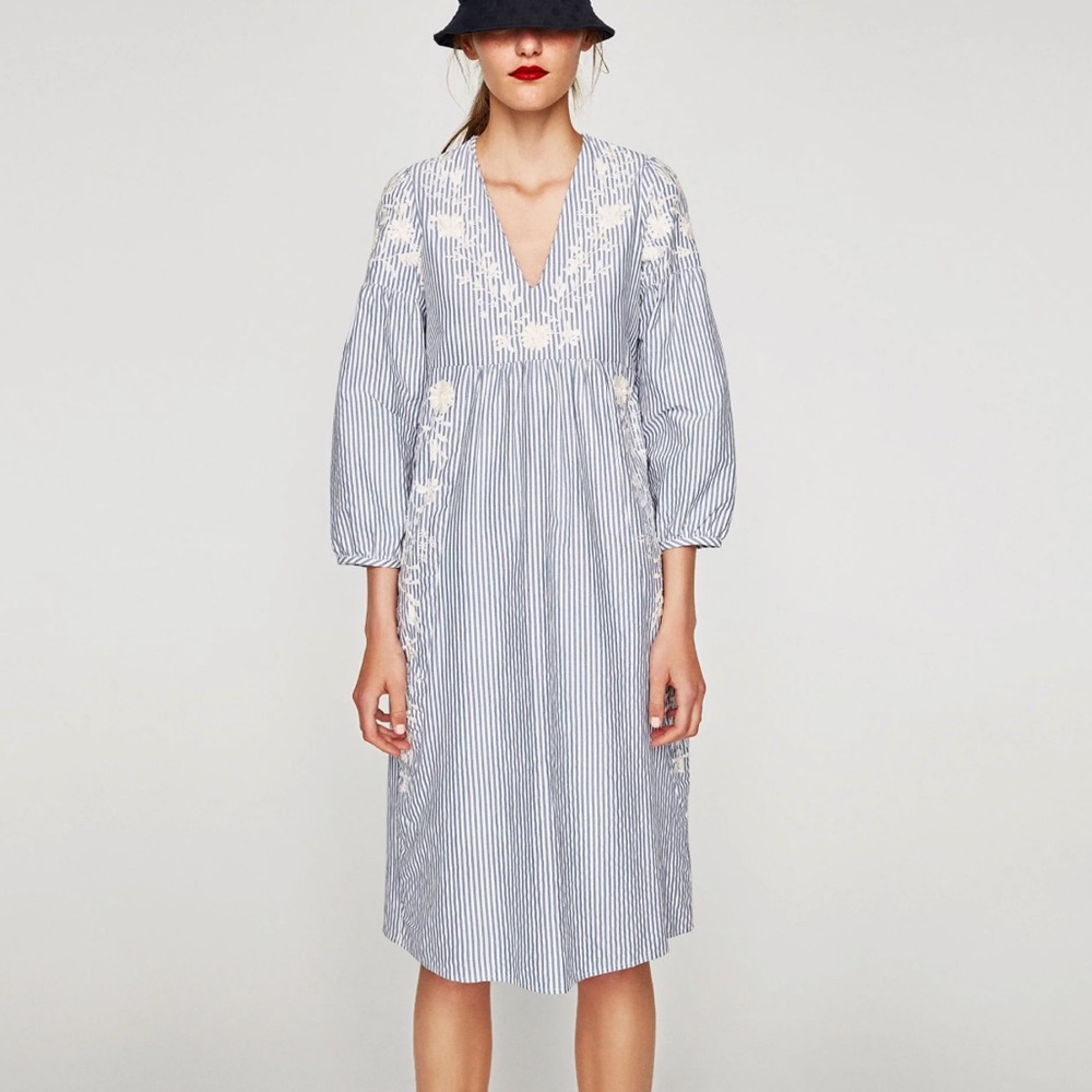 Zara V-Neck floral embroidered striped Midi dress Sz XS